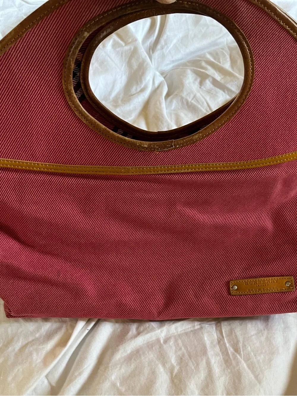Burberry Blue Label Pink Nova Check Canvas Pink Tote with tan leather handles